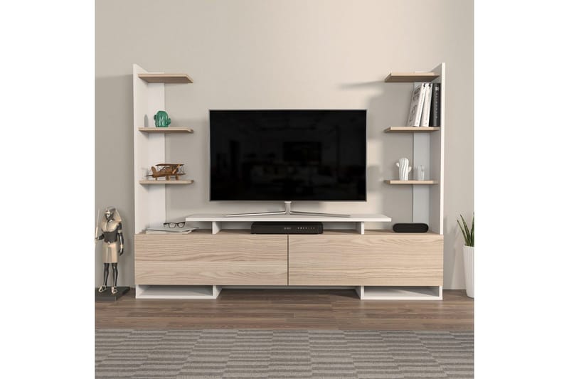 TV-bänk Akdere Vit / Ek - Mediumfärgat trä/Vit - Möbler - Vardagsrum - Tv-möbler & mediamöbler - Tv-bänkar