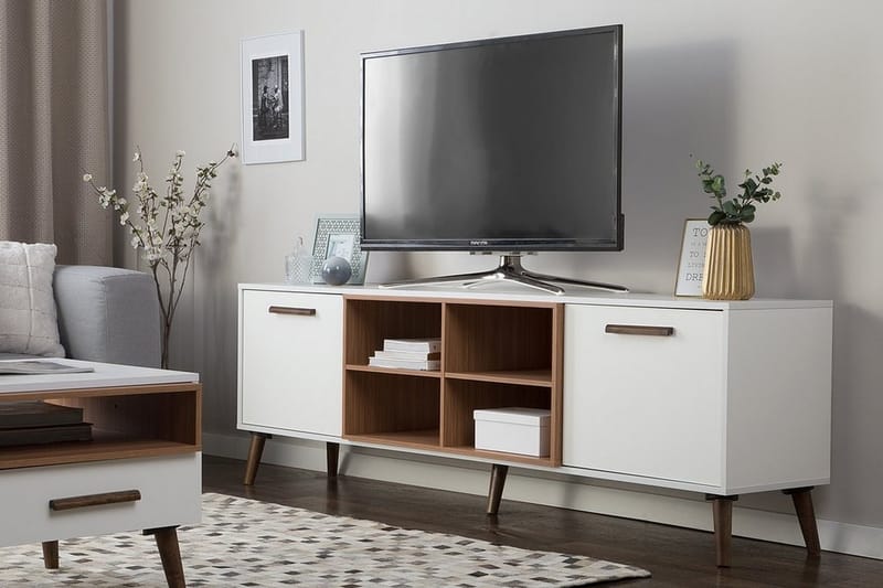 Alloa Golvstående TV Bänk 180 cm med Förvaring i Ljust Trä - Vit - Möbler - Vardagsrum - Tv-möbler & mediamöbler - Tv-bänkar