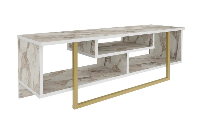 Andifli Golvstående Tv-bänk 120 cm med Förvaring i Trä med Metallunderrede och stenutseende, Vit
