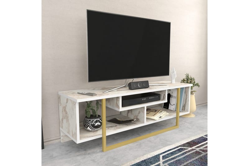Andifli Golvstående Tv-bänk 120 cm med Förvaring i Trä med Metallunderrede och stenutseende - Vit - Möbler - Vardagsrum - Tv-möbler & mediamöbler - Tv-bänkar