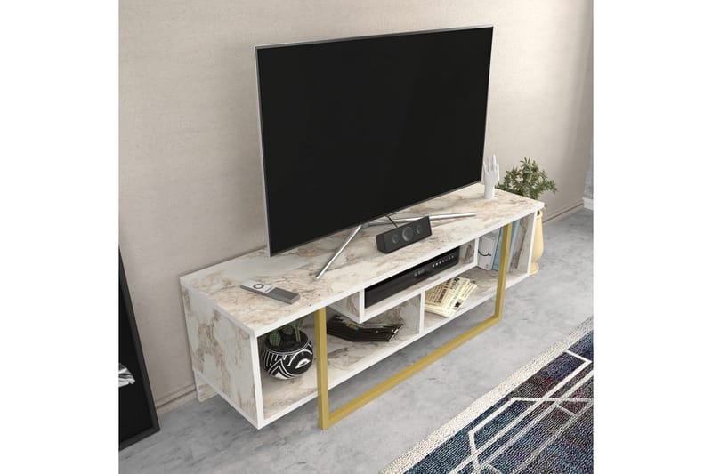 Andifli Golvstående Tv-bänk 120 cm med Förvaring i Trä med Metallunderrede och stenutseende - Vit - Möbler - Vardagsrum - Tv-möbler & mediamöbler - Tv-bänkar