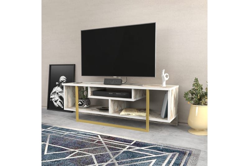 Andifli Golvstående Tv-bänk 120 cm med Förvaring i Trä med Metallunderrede och stenutseende - Vit - Möbler - Vardagsrum - Tv-möbler & mediamöbler - Tv-bänkar