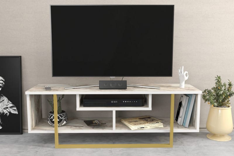 Andifli Golvstående Tv-bänk 120 cm med Förvaring i Trä med Metallunderrede och stenutseende - Vit - Möbler - Vardagsrum - Tv-möbler & mediamöbler - Tv-bänkar