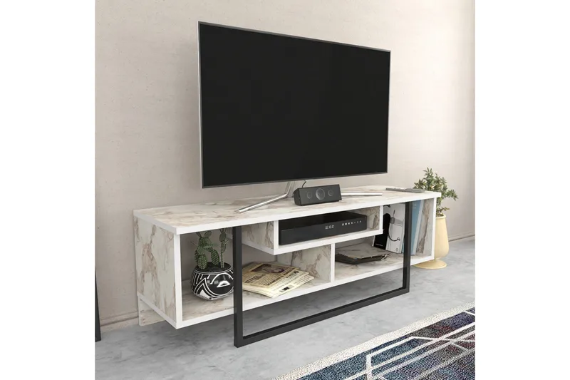 Andifli Golvstående Tv-bänk 120 cm med Förvaring i Trä med Metallunderrede - Vit - Möbler - Vardagsrum - Tv-möbler & mediamöbler - Tv-bänkar