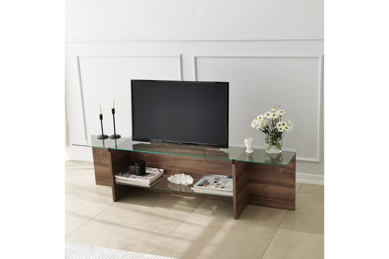 Andifli TV-bänk 158 cm med Förvaring i Trä med Glasskiva - Brun - Möbler - Vardagsrum - Tv-möbler & mediamöbler - Tv-bänkar