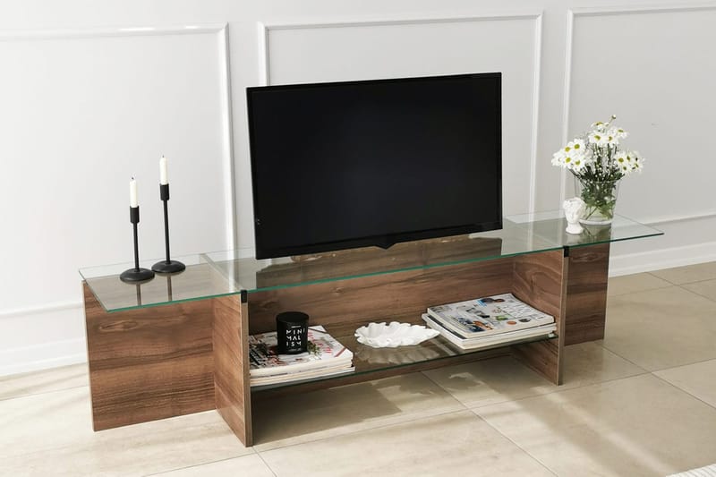 Andifli TV-bänk 158 cm med Förvaring i Trä med Glasskiva - Brun - Möbler - Vardagsrum - Tv-möbler & mediamöbler - Tv-bänkar