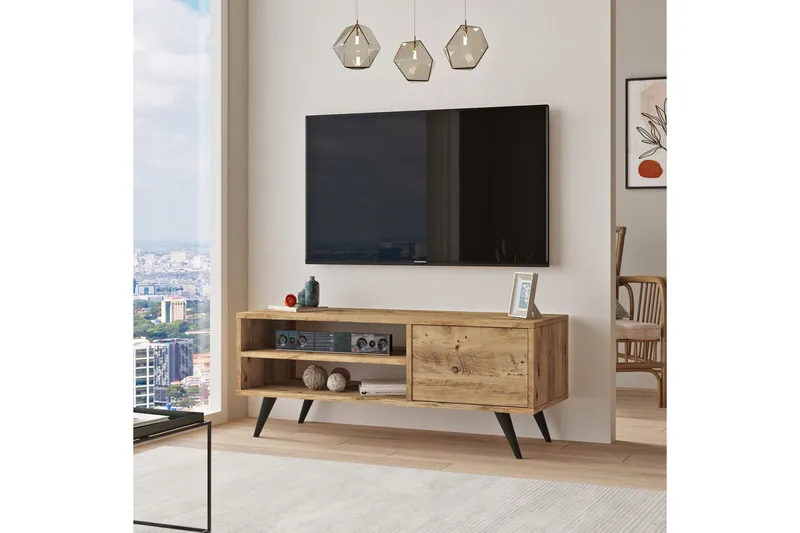 Aniza Golvstående TV Bänk 110 cm med Förvaring i Ljust Trä - Brun - Möbler - Vardagsrum - Tv-möbler & mediamöbler - Tv-bänkar