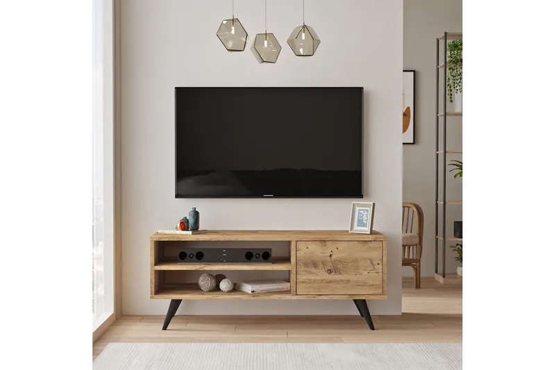 Aniza Golvstående TV Bänk 110 cm med Förvaring i Ljust Trä - Brun - Möbler - Vardagsrum - Tv-möbler & mediamöbler - Tv-bänkar