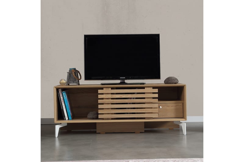 Comfortale Golvstående TV Bänk 125 cm med Förvaring i Ljust Trä - Brun - Möbler - Vardagsrum - Tv-möbler & mediamöbler - Tv-bänkar