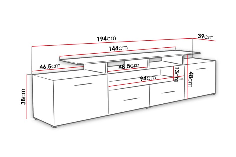 EVORA TV-bänk 39x194 cm Svart Högglans - Svart Högglans - Tv-bänkar