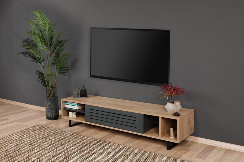 Gersby Golvstående TV Bänk 160 cm med Förvaring i Ljust Trä - Grå|Beige - Möbler - Vardagsrum - Tv-möbler & mediamöbler - Tv-bänkar