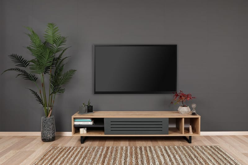Gersby Golvstående TV Bänk 160 cm med Förvaring i Ljust Trä - Grå|Beige - Möbler - Vardagsrum - Tv-möbler & mediamöbler - Tv-bänkar