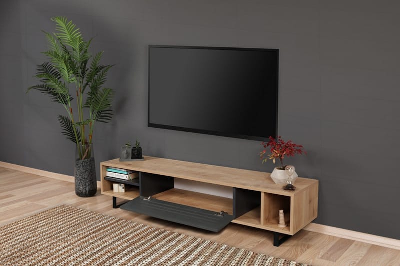 Gersby Golvstående TV Bänk 160 cm med Förvaring i Ljust Trä - Grå|Beige - Möbler - Vardagsrum - Tv-möbler & mediamöbler - Tv-bänkar