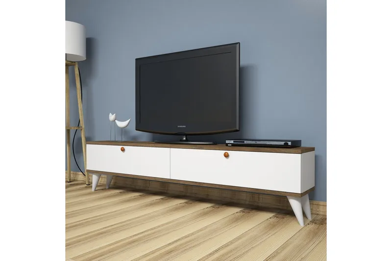 Gersby Golvstående TV Bänk 160 cm med Förvaring i Mörkt Trä - Vit - Möbler - Vardagsrum - Tv-möbler & mediamöbler - Tv-bänkar