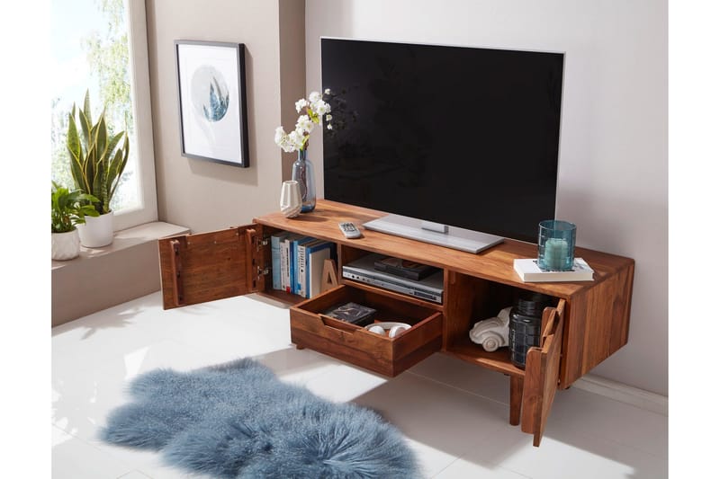 Hades Golvstående TV Bänk 135 cm med Förvaring i Ljust Trä - Brun - Möbler - Vardagsrum - Tv-möbler & mediamöbler - Tv-bänkar