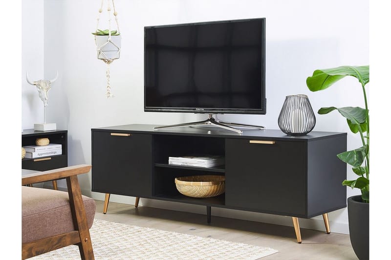 Indio Golvstående TV-bänk 166 cm med Förvaring i Trä med Metallben - Svart - Möbler - Vardagsrum - Tv-möbler & mediamöbler - Tv-bänkar