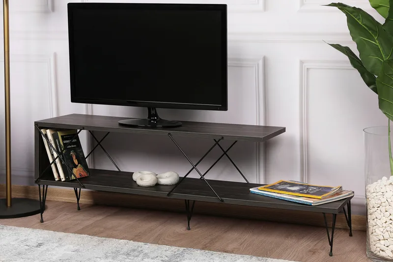 Jaennis Tv Bänk 120 cm med Förvaring i Mörkt Trä, Mörkgrå