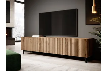 Juniskär Ribbad TV Bänk i trä med förvaring - 40 cm djup 200 cm bred 49 cm hög - Ek / Svart / Trä / Ribbad - Möbler - Vardagsrum - Tv-möbler & mediamöbler - Tv-bänkar
