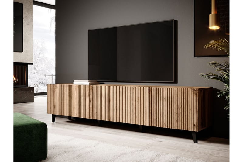 Juniskär Ribbad TV Bänk i trä med förvaring - 40 cm djup 200 cm bred 49 cm hög - Ek / Svart / Trä / Ribbad - Möbler - Vardagsrum - Tv-möbler & mediamöbler - Tv-bänkar