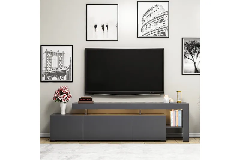 Jurukovo Golvstående TV Bänk 192 cm med Förvaring i Målat Trä - Antracit - Möbler - Vardagsrum - Tv-möbler & mediamöbler - Tv-bänkar