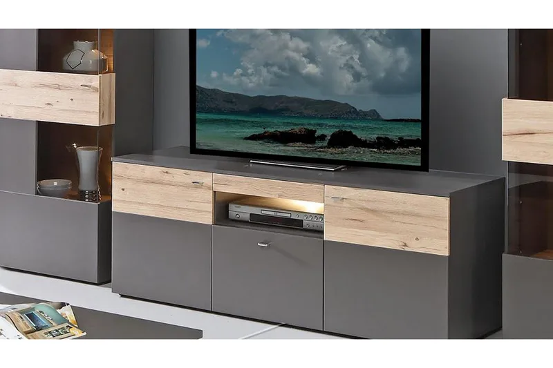 Lianne TV-bänk 150 cm  2 Dörrar Låda inkl Belysning - Plank Ek/Grå - Möbler - Vardagsrum - Tv-möbler & mediamöbler - Tv-bänkar