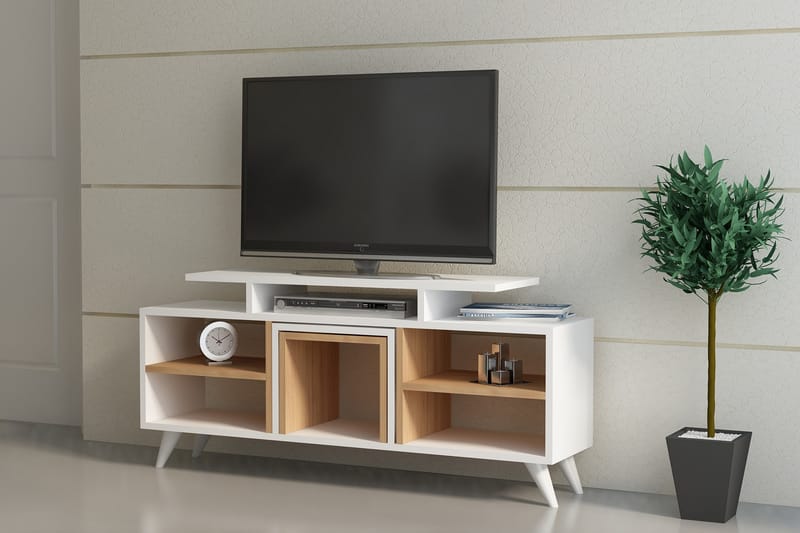 MASCONE Tv-bänk 120 cm Vit/Teak - Vit/Teak - Möbler - Vardagsrum - Tv-möbler & mediamöbler - Tv-bänkar