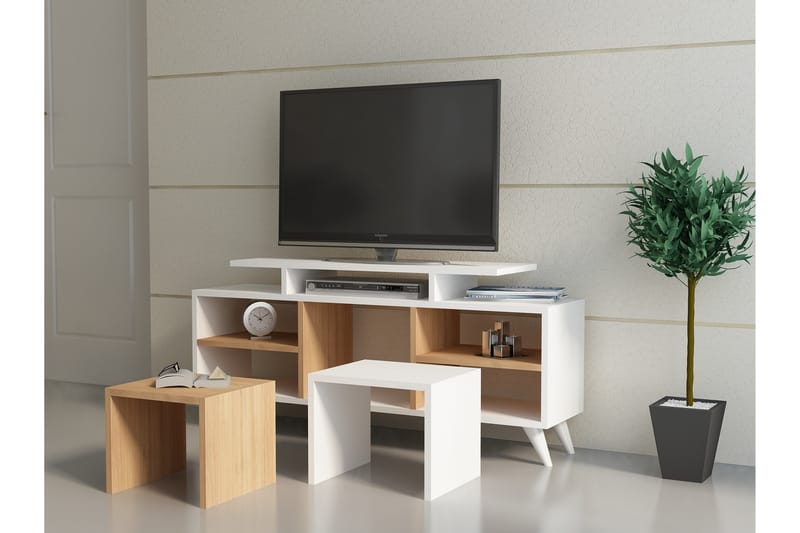 MASCONE Tv-bänk 120 cm Vit/Teak - Vit/Teak - Möbler - Vardagsrum - Tv-möbler & mediamöbler - Tv-bänkar
