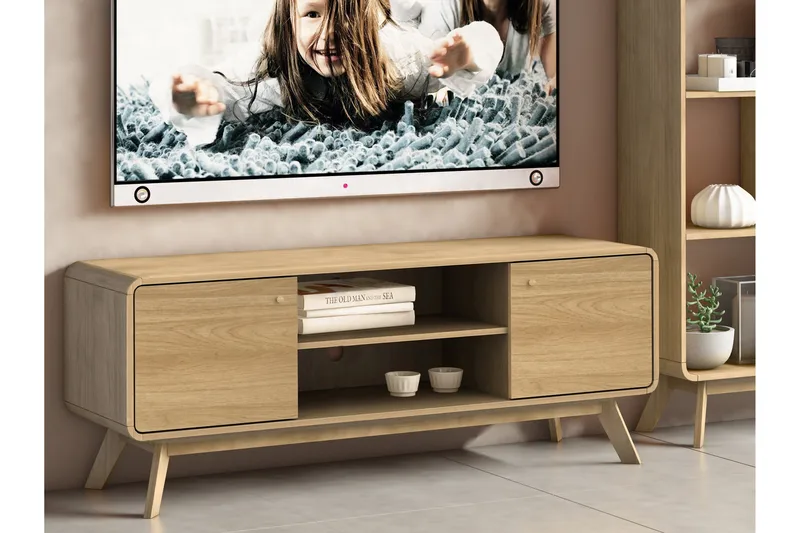 Olivet Golvstående Tv Bänk 140 cm med Förvaring i Ljust Trä - Brun - Möbler - Vardagsrum - Tv-möbler & mediamöbler - Tv-bänkar
