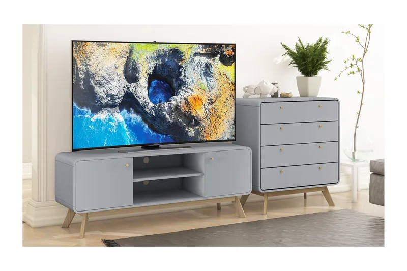 Olivet TV Bänk Rektangulär 140 cm med Förvaring i Målat Trä - Grå - Möbler - Vardagsrum - Tv-möbler & mediamöbler - Tv-bänkar