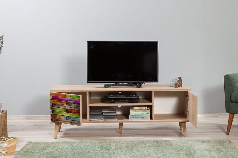 PETRONILA Tv-bänk 140 cm Regnbågspanel Trä - Brun/Röd/Grön - Möbler - Vardagsrum - Tv-möbler & mediamöbler - Tv-bänkar