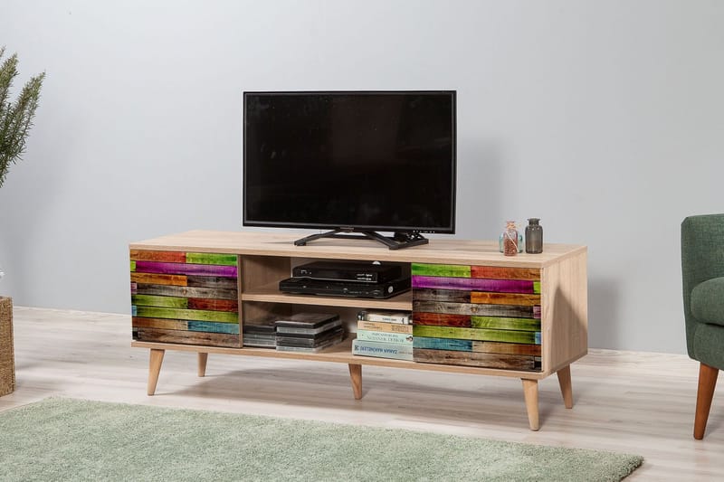 PETRONILA Tv-bänk 140 cm Regnbågspanel Trä - Brun/Röd/Grön - Möbler - Vardagsrum - Tv-möbler & mediamöbler - Tv-bänkar