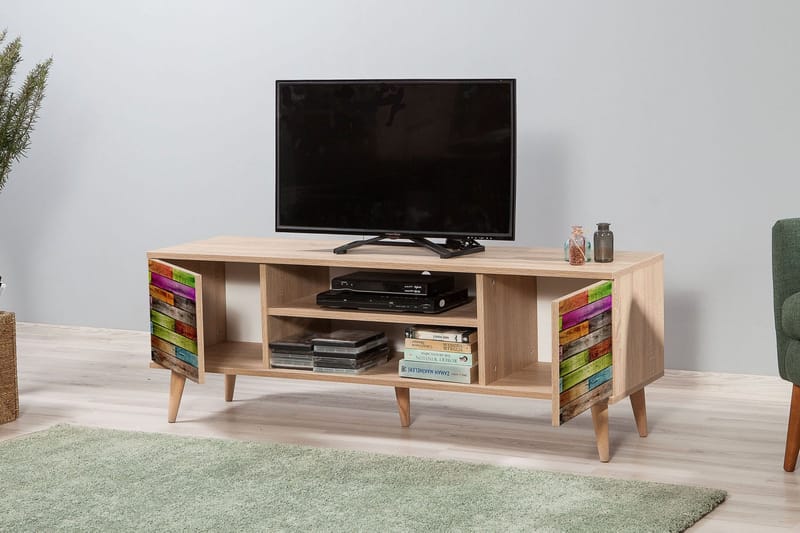 PETRONILA Tv-bänk 140 cm Regnbågspanel Trä - Brun/Röd/Grön - Möbler - Vardagsrum - Tv-möbler & mediamöbler - Tv-bänkar