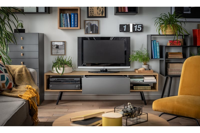 RIBBON TV-bänk 160 cm med Förvaring Trä/Natur/Grå/Svart - Möbler - Vardagsrum - Tv-möbler & mediamöbler - Tv-bänkar