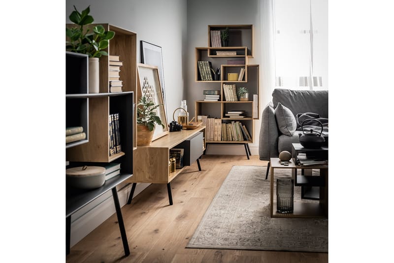 RIBBON TV-bänk 160 cm med Förvaring Trä/Natur/Grå/Svart - Möbler - Vardagsrum - Tv-möbler & mediamöbler - Tv-bänkar