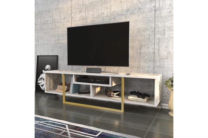 Rinorea Golvstående TV Bänk 150 cm i Trä med Metallunderrede och Förvaring - Vit - Möbler - Vardagsrum - Tv-möbler & mediamöbler - Tv-bänkar