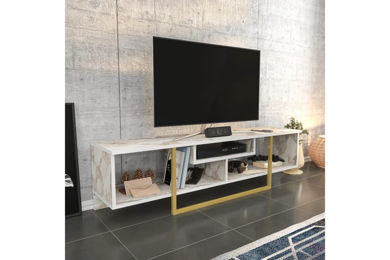 Rinorea Golvstående TV Bänk 150 cm i Trä med Metallunderrede och Förvaring - Vit - Möbler - Vardagsrum - Tv-möbler & mediamöbler - Tv-bänkar