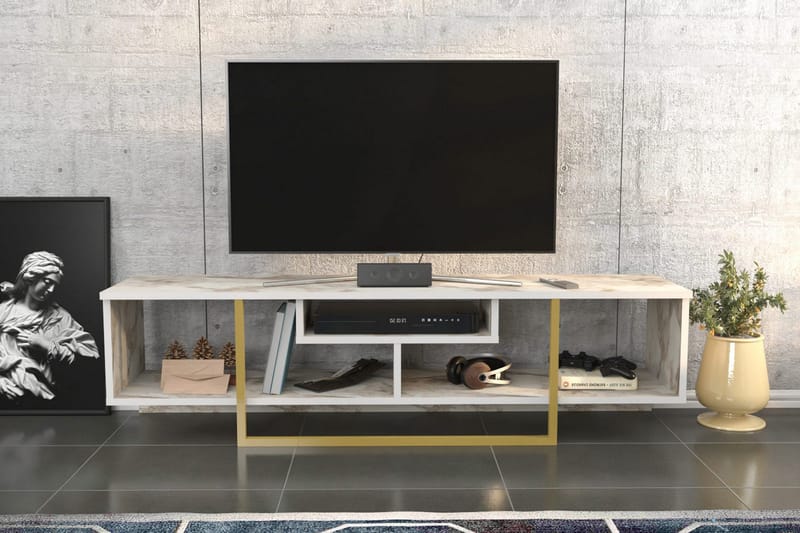 Rinorea Golvstående TV Bänk 150 cm i Trä med Metallunderrede och Förvaring - Vit - Möbler - Vardagsrum - Tv-möbler & mediamöbler - Tv-bänkar