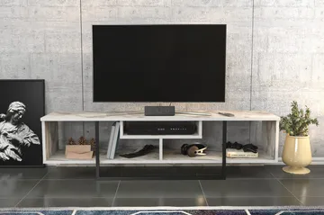 Rinorea Golvstående Tv Bänk 150 cm med Förvaring i Målat Trä med marmotutseende - Vit - Möbler - Vardagsrum - Tv-möbler & mediamöbler - Tv-bänkar