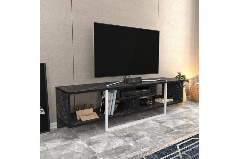 Rinorea Golvstående Tv Bänk 150 cm med Förvaring i Målat Trä och marmorutseende - Svart - Möbler - Vardagsrum - Tv-möbler & mediamöbler - Tv-bänkar