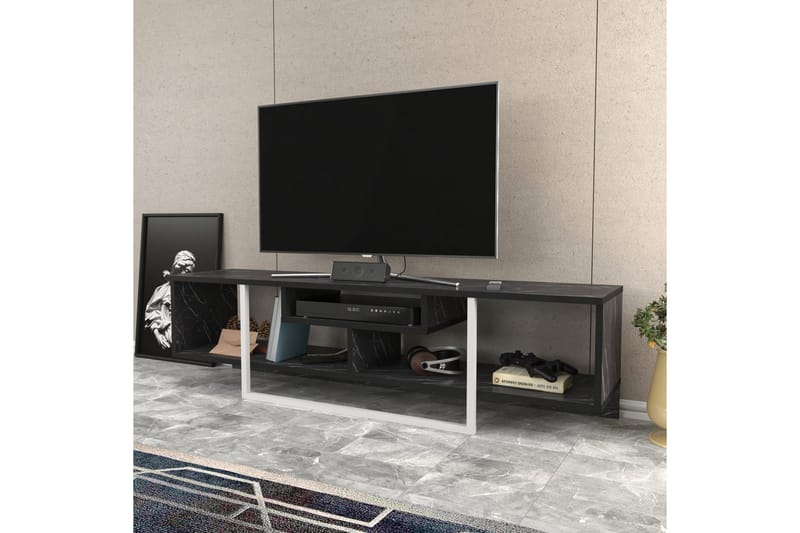 Rinorea Golvstående Tv Bänk 150 cm med Förvaring i Målat Trä och marmorutseende - Svart - Möbler - Vardagsrum - Tv-möbler & mediamöbler - Tv-bänkar