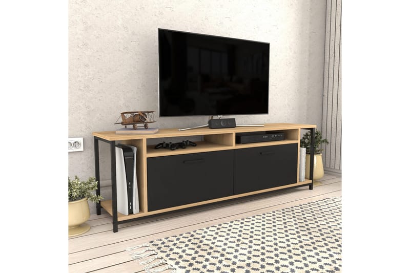 Rinorea Golvstående TV-bänk 160 cm med Förvaring i Mörkt Trä - Svart - Möbler - Vardagsrum - Tv-möbler & mediamöbler - Tv-bänkar