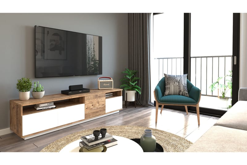 ROLAN Tv-bänk 180 cm 2 Hyllor Natur/Vit - Möbler - Vardagsrum - Tv-möbler & mediamöbler - Tv-bänkar