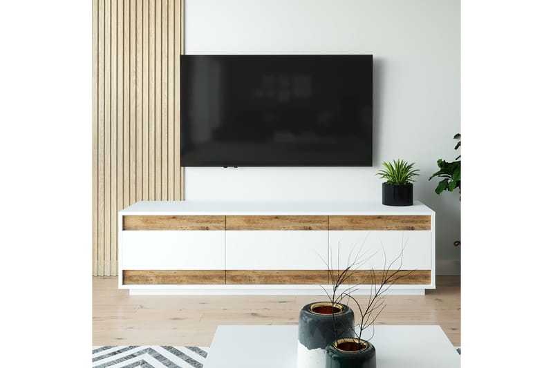 ROLAN Tv-bänk 180 cm 3 Skåp Vit/Natur - Möbler - Vardagsrum - Tv-möbler & mediamöbler - Tv-bänkar