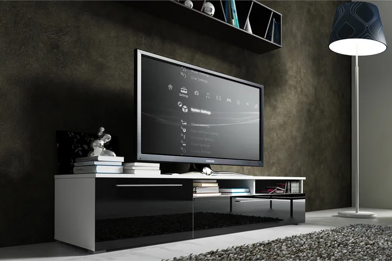 Stockend Golvstående TV Bänk 150 cm med Förvaring i Målat Trä med högglans utseende, Svart