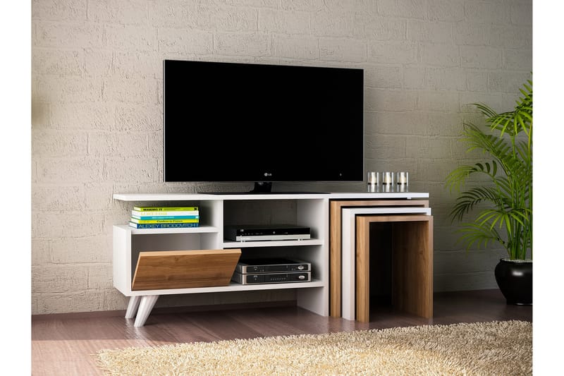 TONYA Tv-bänk 120 cm Vit/Valnöt - Vit/Valnöt - Tv-bänkar