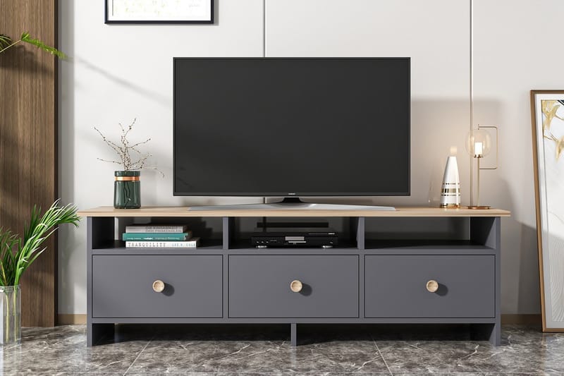 TV-BÄNK 150 cm 3 Skåp 3 Hyllor Antracit/Natur - Tv-bänkar