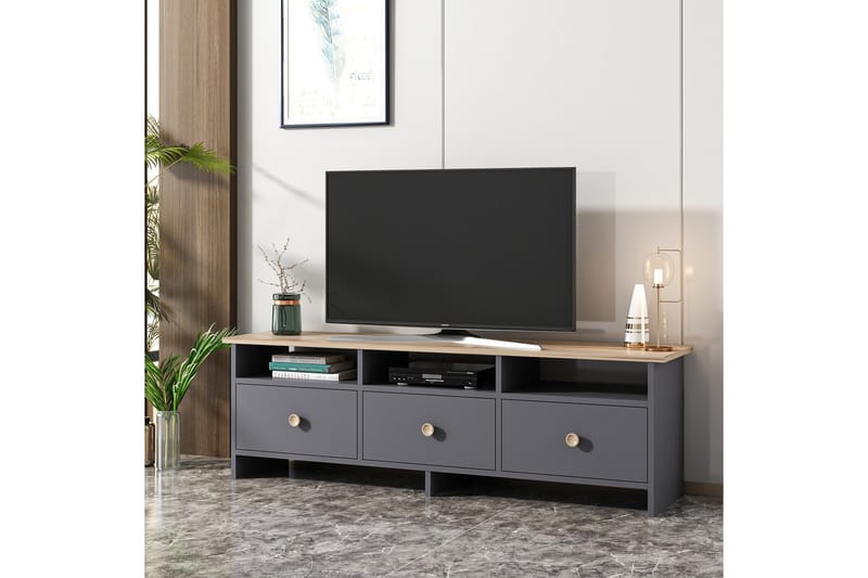 Tv-bänk 150 cm 3 Skåp 3 Hyllor - Antracit/Natur - Möbler - Vardagsrum - Tv-möbler & mediamöbler - Tv-bänkar