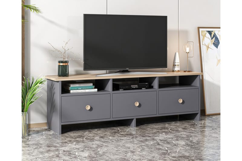 Tv-bänk 150 cm 3 Skåp 3 Hyllor - Antracit/Natur - Möbler - Vardagsrum - Tv-möbler & mediamöbler - Tv-bänkar