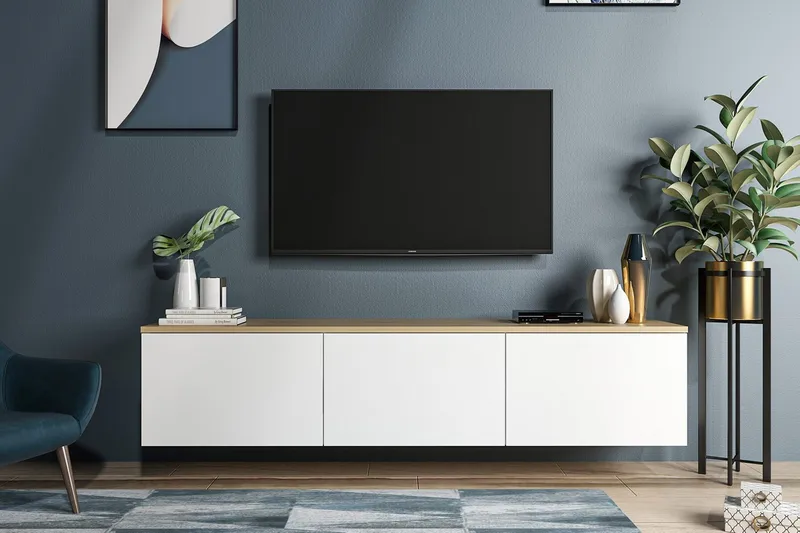 Tv-bänk 160 cm 3 Skåp, Vit/Natur