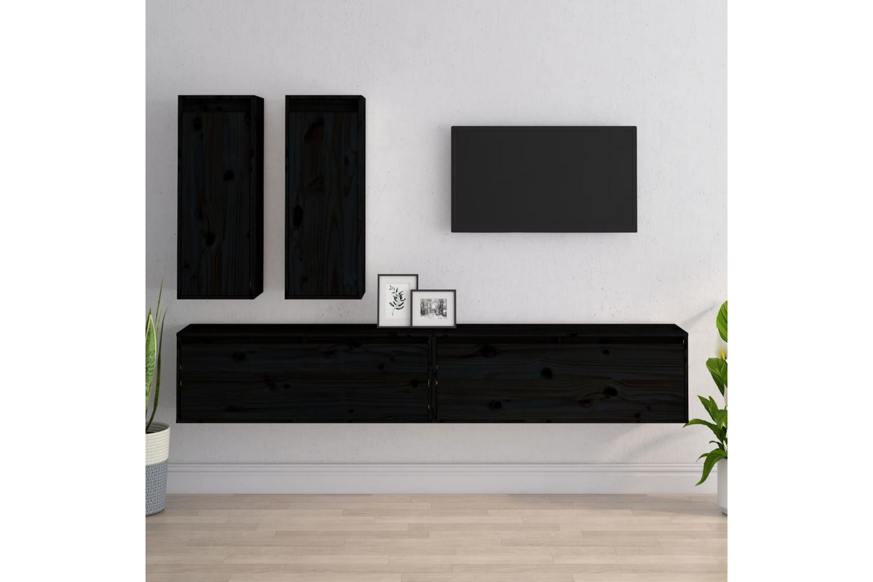 Tv-bänk 4 st svart massiv furu – Svart